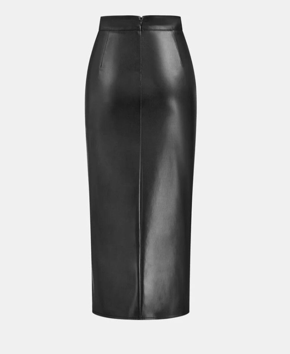 NWT Commense Faux Leather Ruched Slit Midi Bodycon Pencil Skirt - Black - Size L - Picture 5 of 9